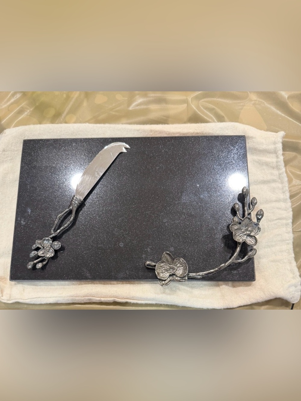 Michael Aram Floral Marble Cheese Board with Silver Flower Knife Set